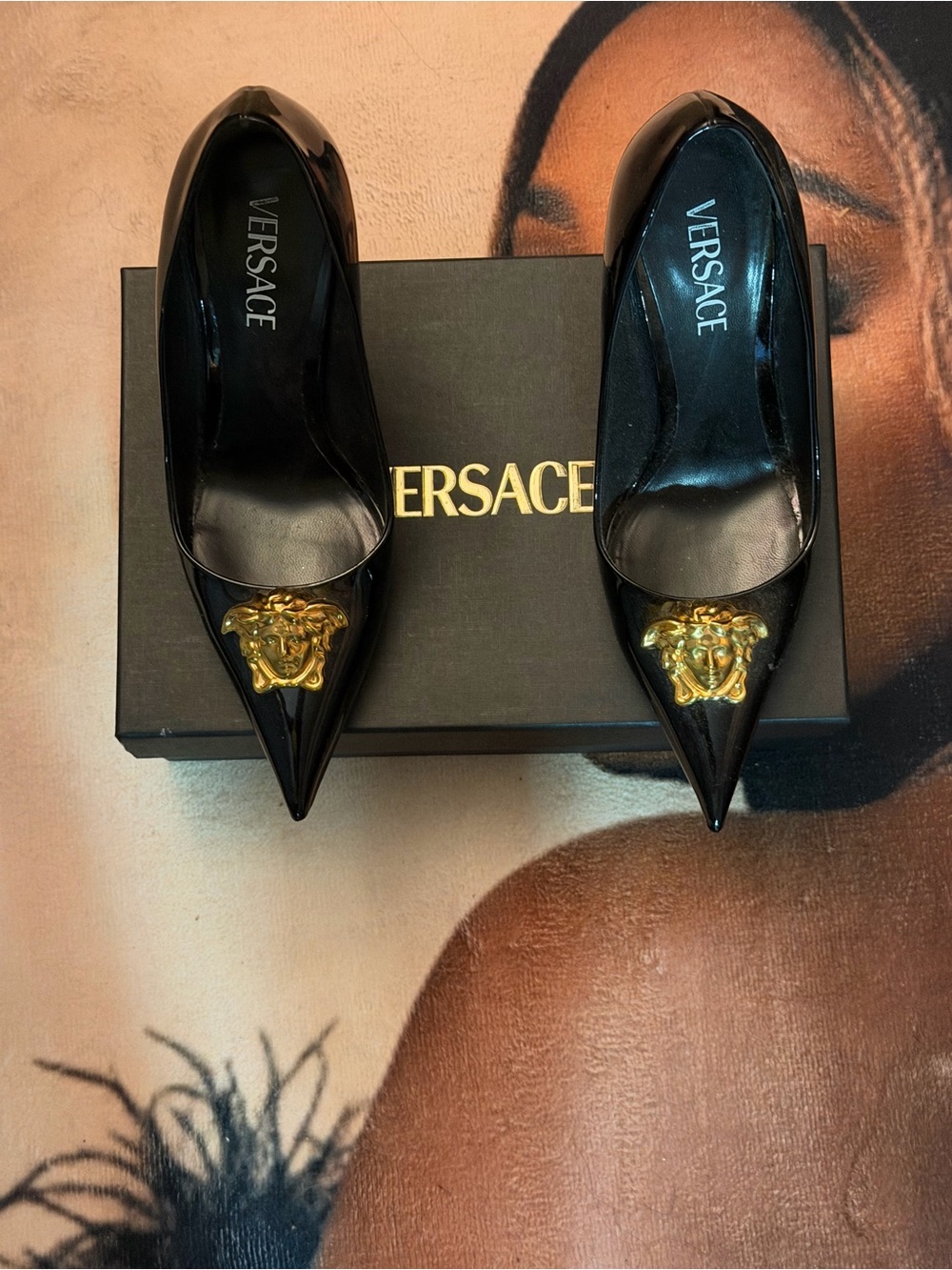 Versace Black Patent Leather Pointed Pumps with Gold Medusa Hardware
